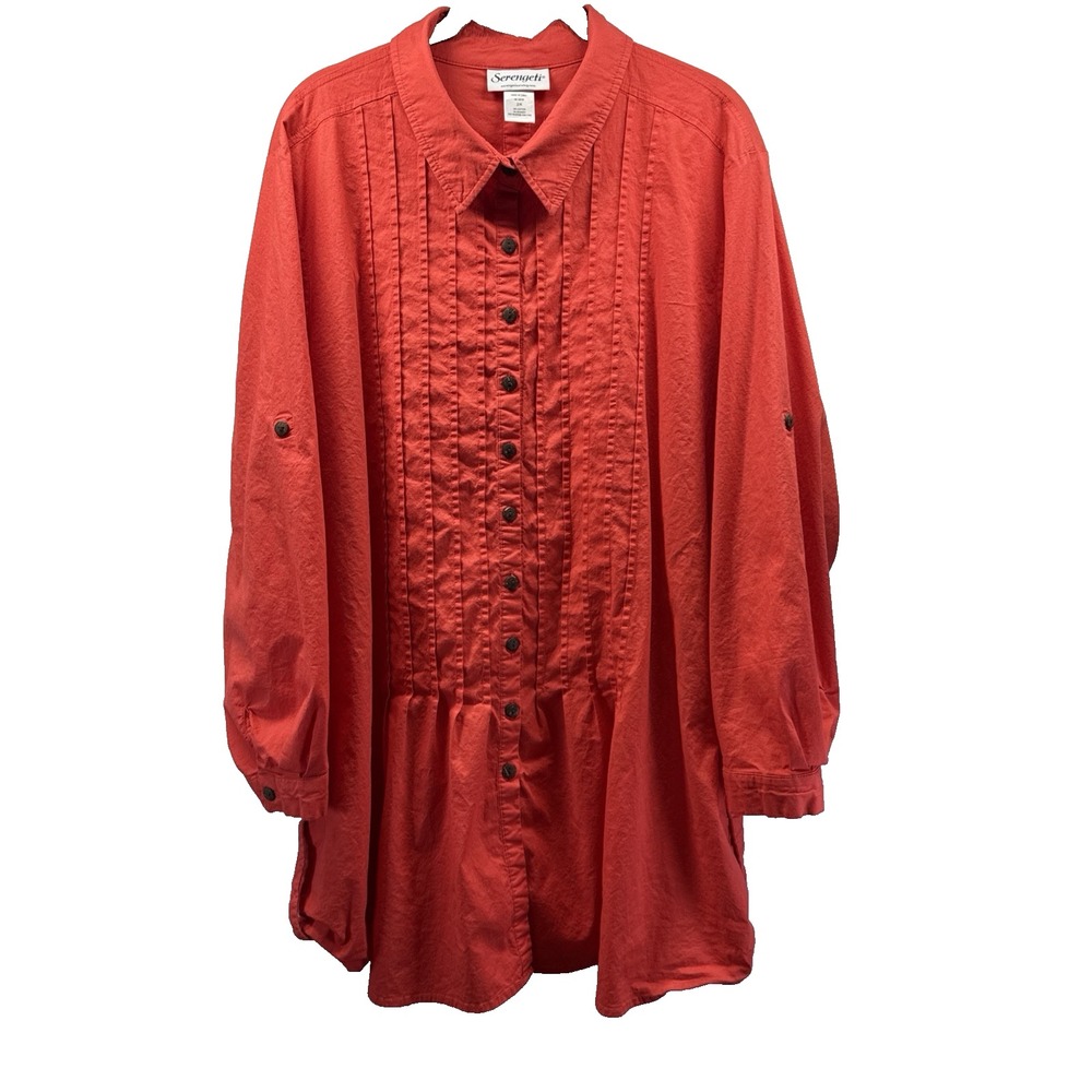 Serengeti Women's Tunic Top Size 2X Plus Red Button Up Roll Tab Back Buttons Art